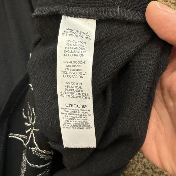 Chico’s Black V Neck T Shirt Dress Beaded Palm Trees Resort Womens Sz 1 / Medium - Picture 6 of 10